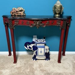 Red Asian Oriental Console Table with Marble Top