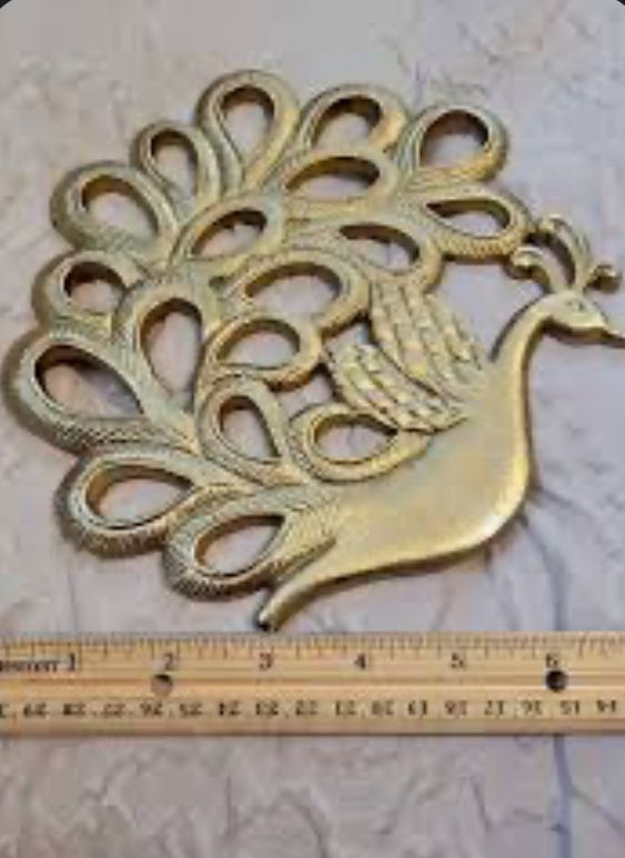 RARE Vintage Solid Brass trivet -gold peacock