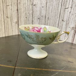 Vintage Japan Bone China Bright Pink Rose Green Edge Footed Orphan Tea Cup