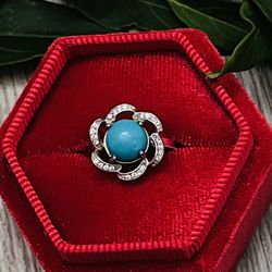 Natural Turquoise Ring Handmade 925sterling Silver Deco Diamond Halo Adjustable 