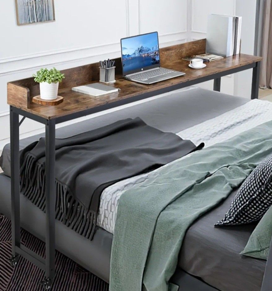 Arlopu Overbed Table with 360° Wheels, Queen Size Mobile Bed Desk, Standing Workstation Laptop Cart, Over Bed Table w/Heavy D