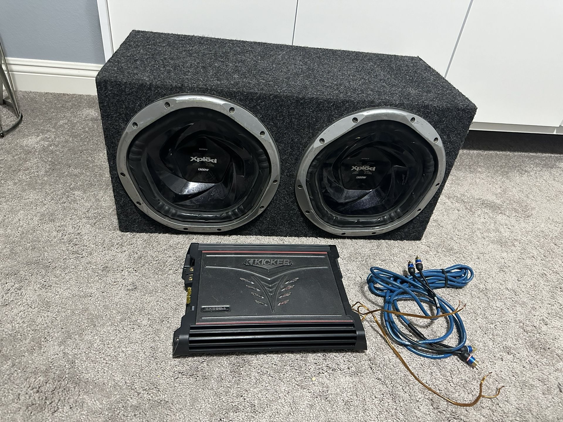 Car Audio - X2 Sony Xplod 12 Inch 1300 Watt Subwoofers / Kicker Zx300.1 Amplifier / Monster Audio Cords