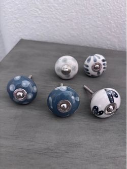 Set of 5 Blue & White Ceramic Cabinet Knobs
