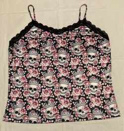 Women Black Camisole All Over Crowned Skull Pink Rose Print Delicate Size Xlarge