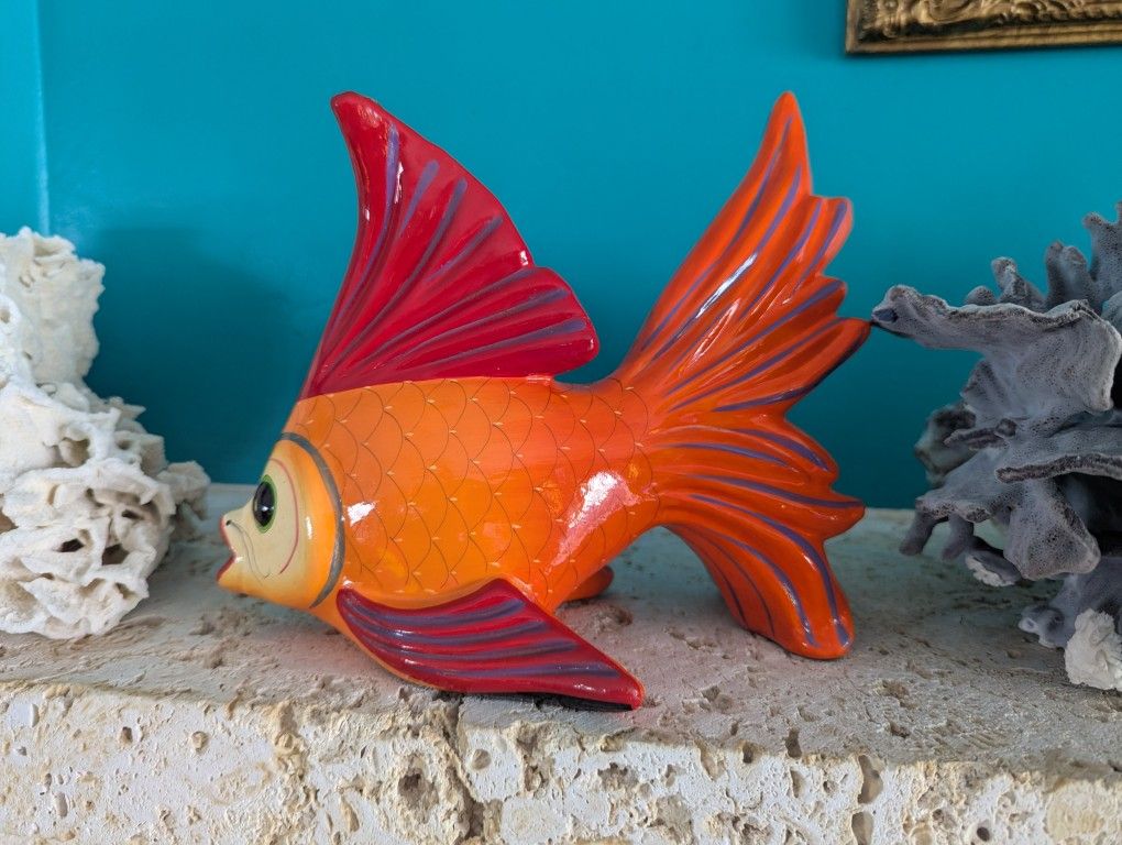Vintage Talevera Mexican Pottery Polymer Clay Fish Large Orange Red Hand Crafted