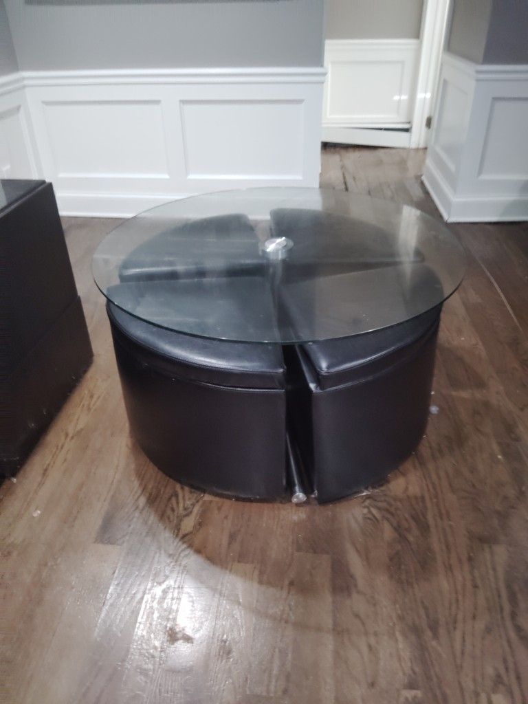 Glass Top Hydraulic Lift Table With 4 Leather Storage Ottoman Stools