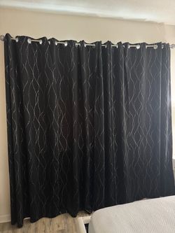 4 Black & Silver Curtains + Decorative Curtain Rod Set