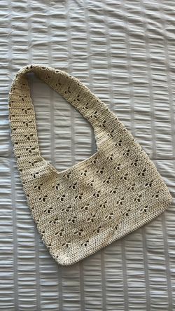 Handmade Crochet Small Shoulder Bag, Cream Tan Flower Pattern, Boho Style