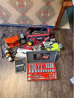 Tool collection hand tools power tools bench grinder sockets sander dremel and more