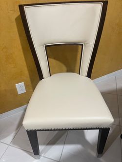 Cream Leather Dining Chair with Dark Wood Frame