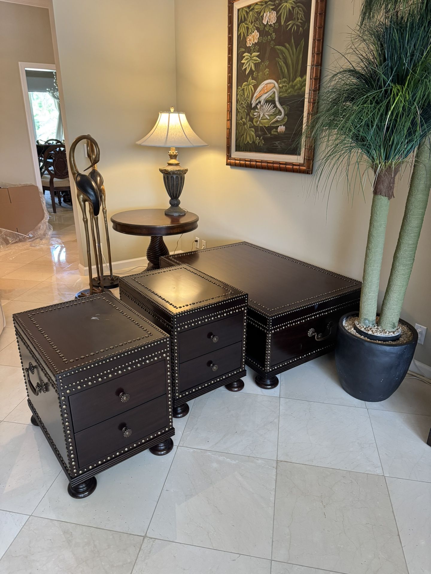 Tommy Bahama Home Nailhead Coffee Table & 2 End Tables – Dark Wood Set