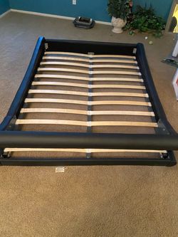 Black Upholstered Platform Bed Frame with Slats