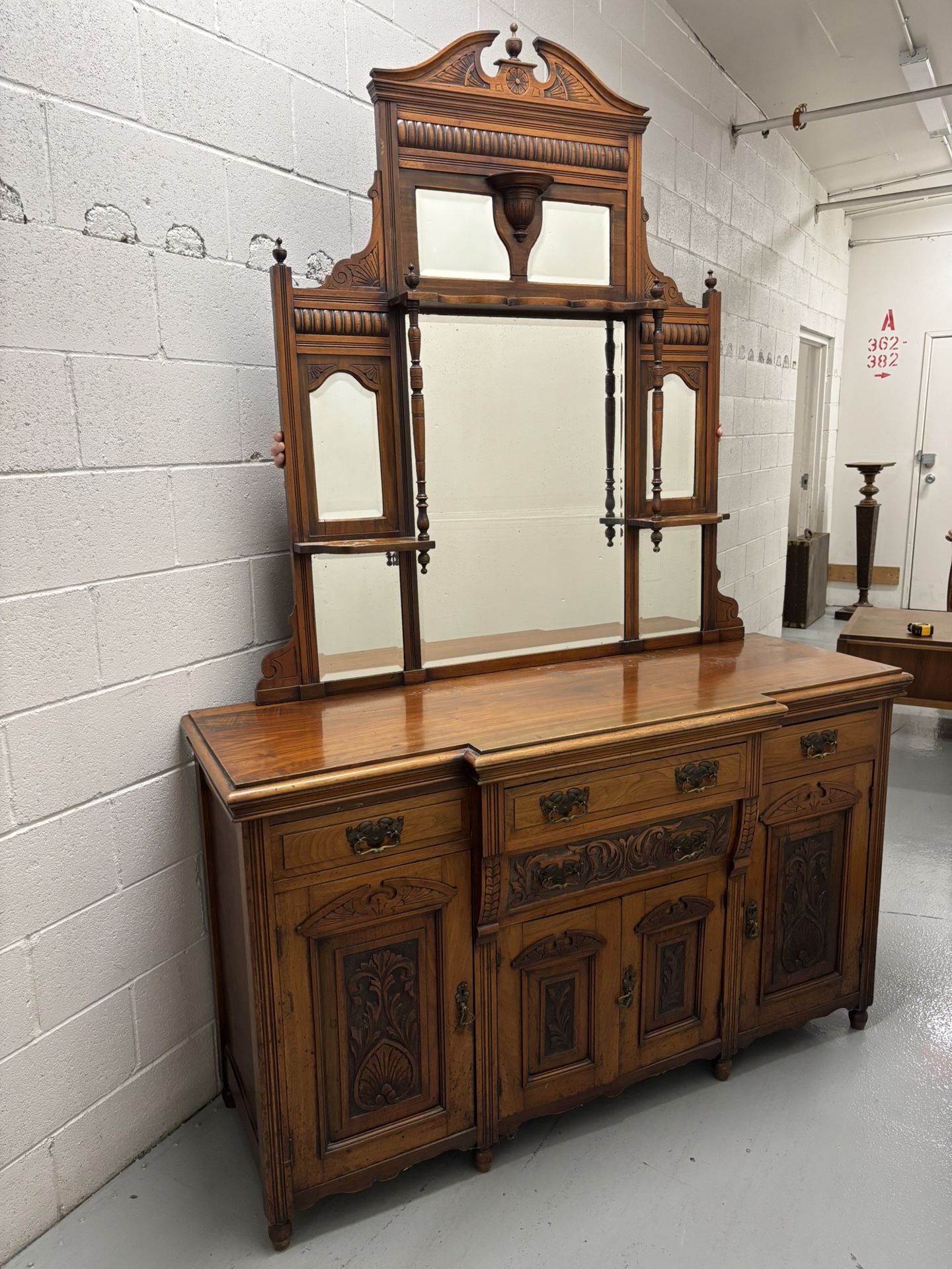 Antique Victorian Sideboard - Carved Tiger Oak with Mirror