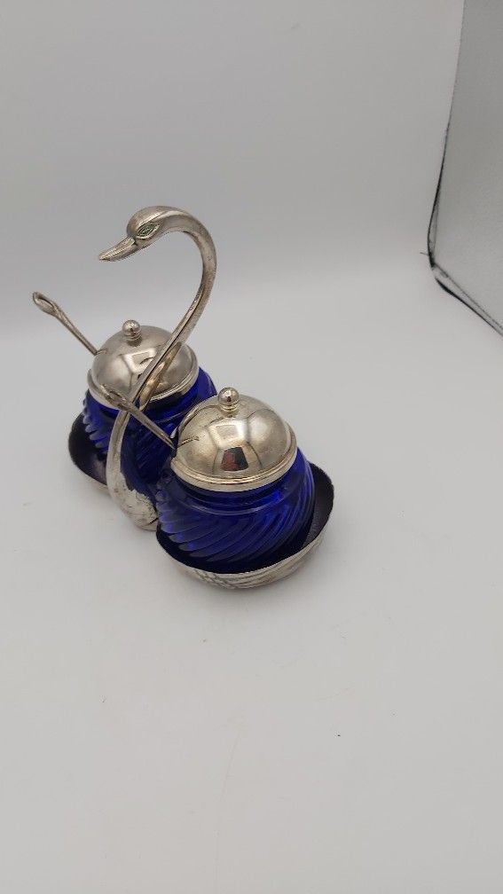 Vintage Silverplated Swan & Cobalt Blue Glass Condiment Set