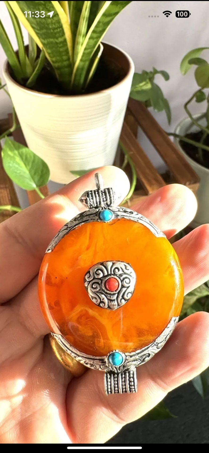 Vintage and beautiful handmade Tibetan silver and Amber resin pendant 3”inch tall