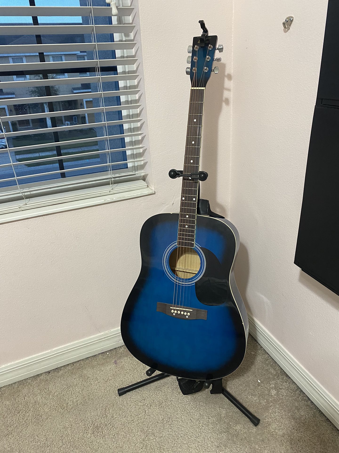 Blue BC Acoustic Guitar Plus Stand And Capo