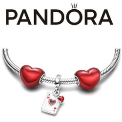 PANDORA Villains Queen of Hearts Dangle & 2 Red Metallic Heart Charms (Set of 3)
