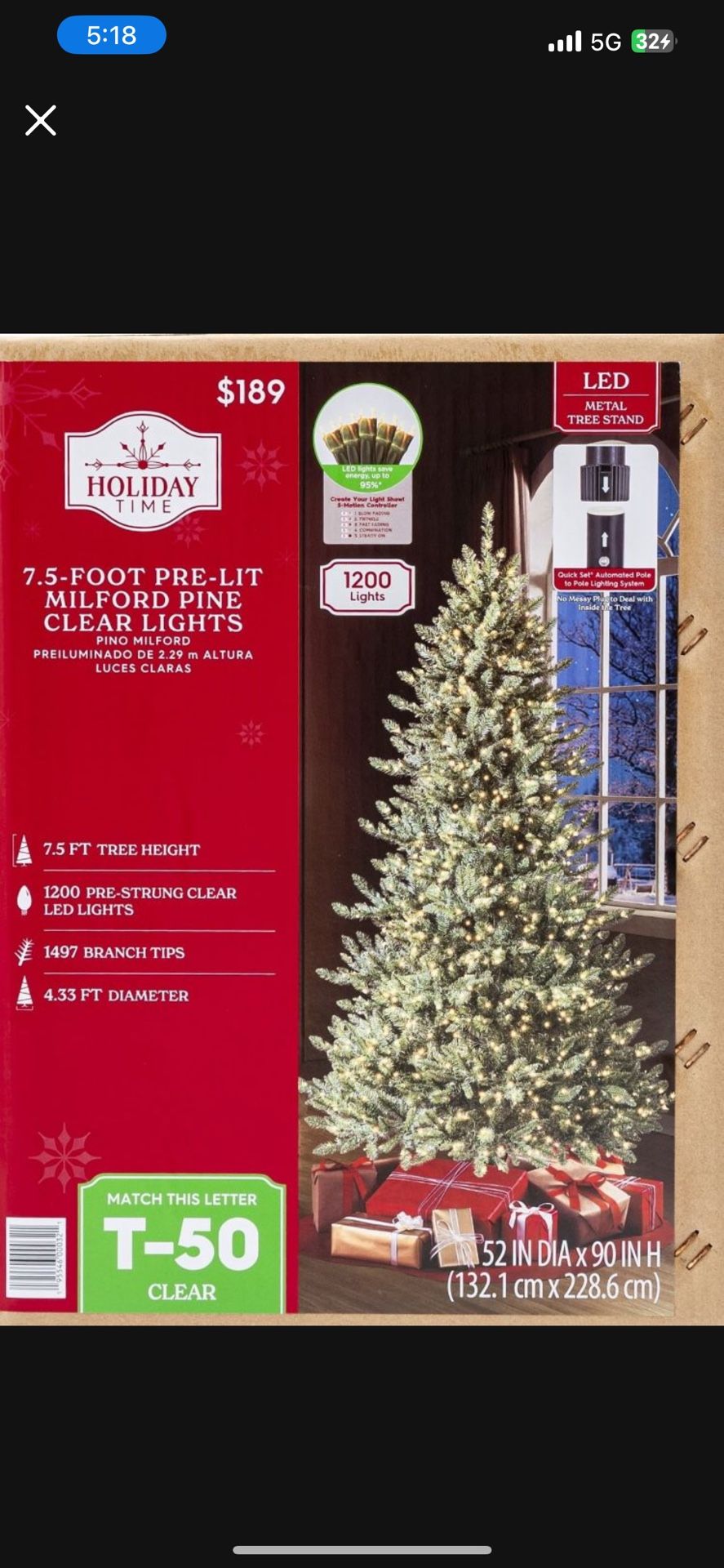 7.5 ft Pre-Lit Milford index Pine Artificial Christmas Tree, Clear Micro-Dot LED Lights, by Holiday Time
