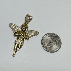 10K Yellow Gold 2” Praying Angel Iced CZ Angel Wing Charm Pendant, 6.7 grams 