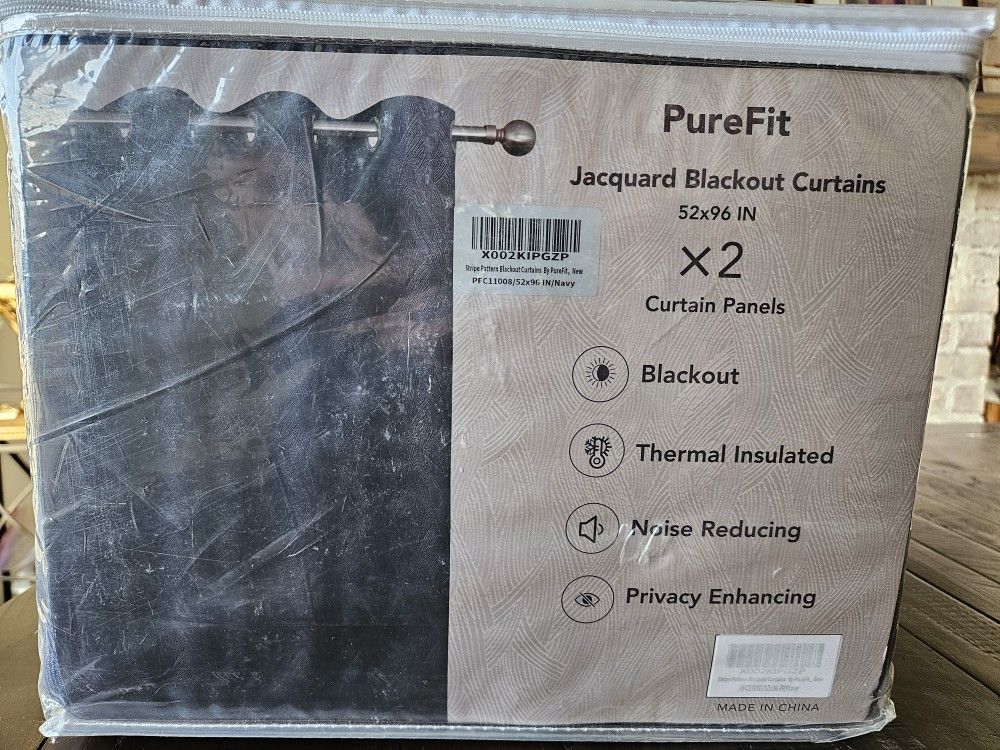 New PureFit Jacquard Stipe Dark Navy Blue Blackout Curtains, 52”x96” x2 Panels
