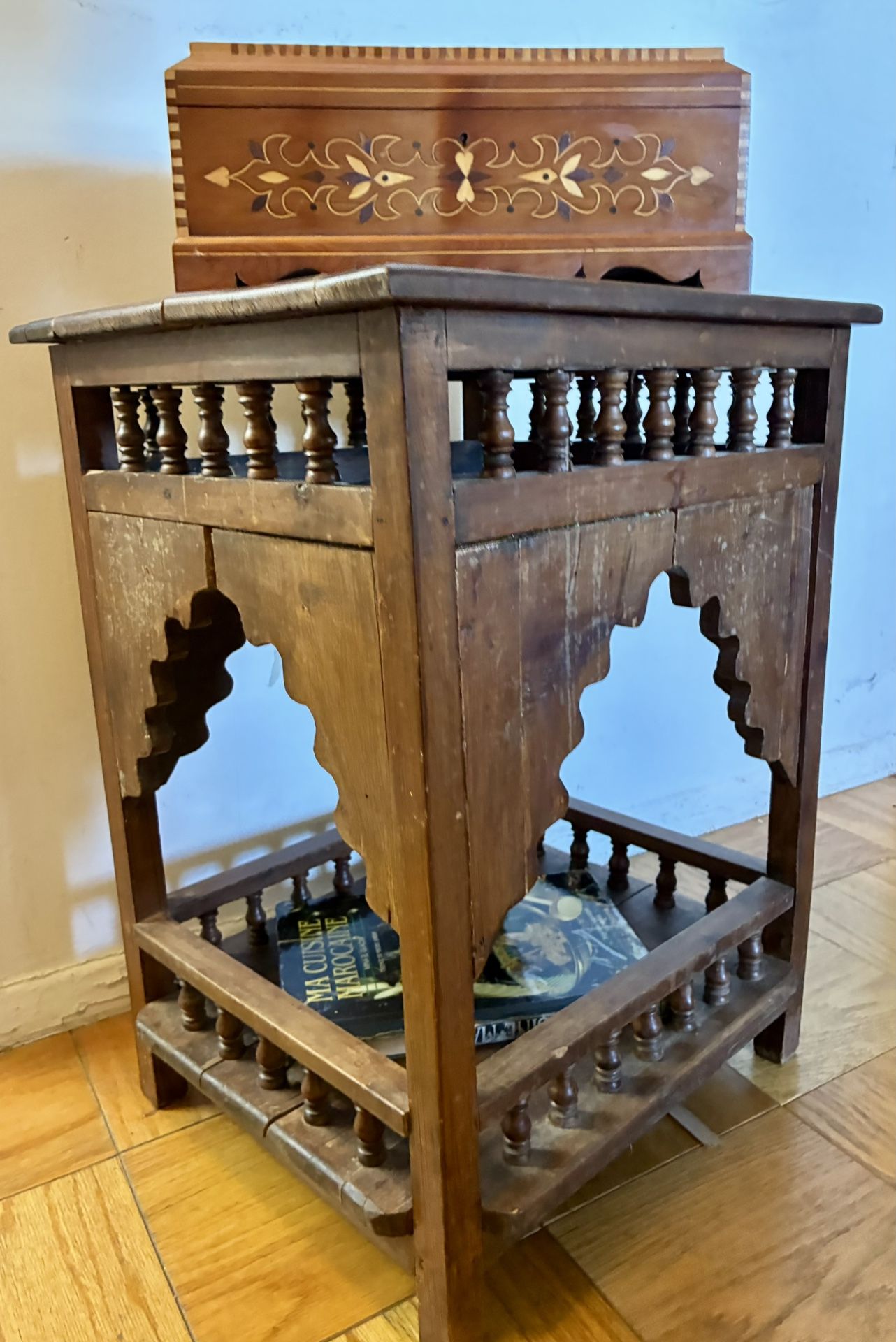 Vintage Moroccan Hand-carved Accent Table In Solid Wood