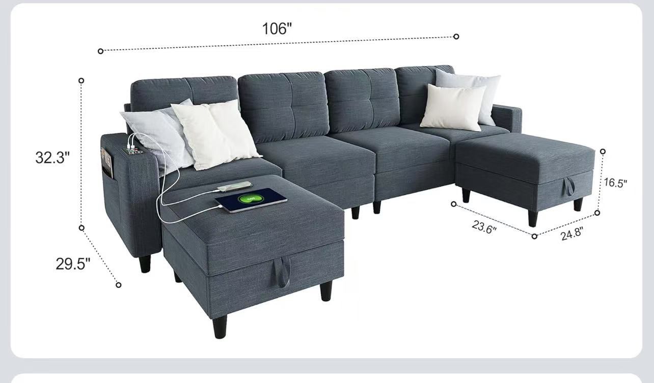 🥨Lvifur LED Sectional Couches for Living Room, Modern Modular Sectional Sofa with Charging Station, U-Shaped 4 Seat Sofa Set with Chaise and Storage
