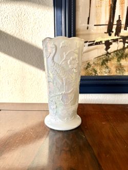 Fenton Pearlized White Iridescent Peacock Garden Carnival Glass Vase 8” - #8257