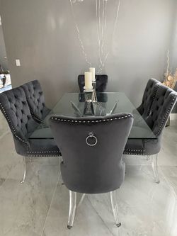 6 Suede Dining Room Chairs & Chrome Glass Table