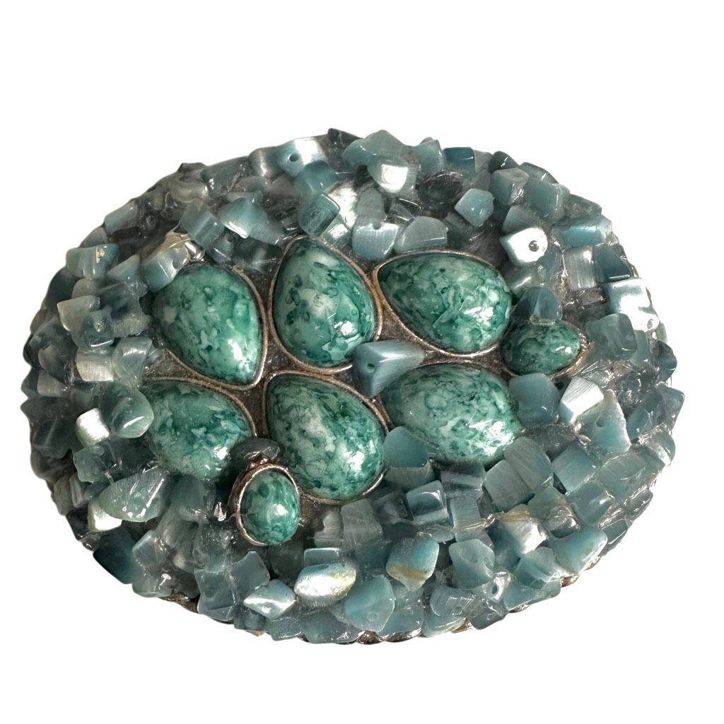 Vintage Mosaic Stone Belt Buckle – Teal Dyed Magnesite/Howlite + Cat’s-Eye Glass Chips
