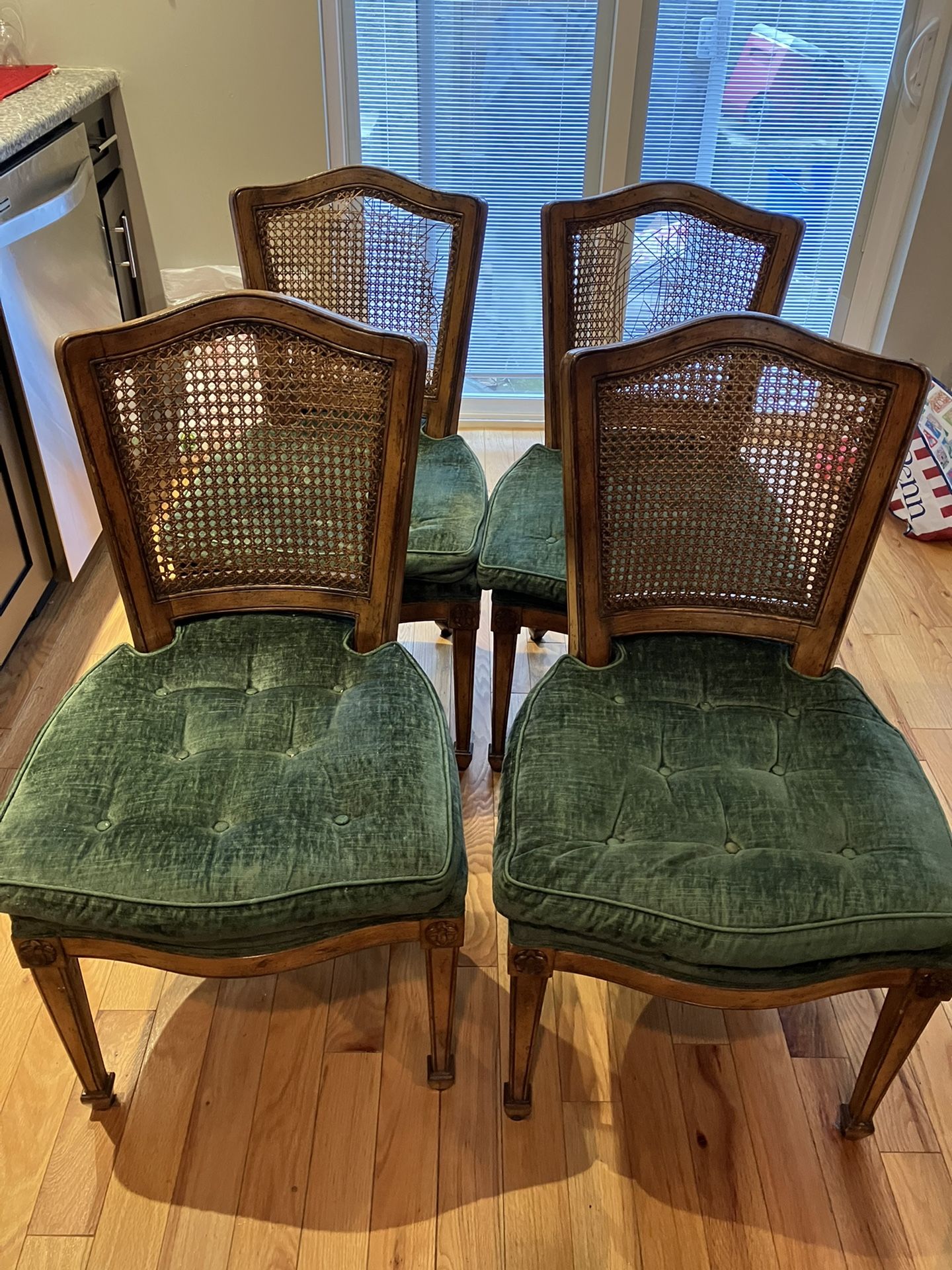 Vintage Wooden Dining Chairs With Green Cushions 