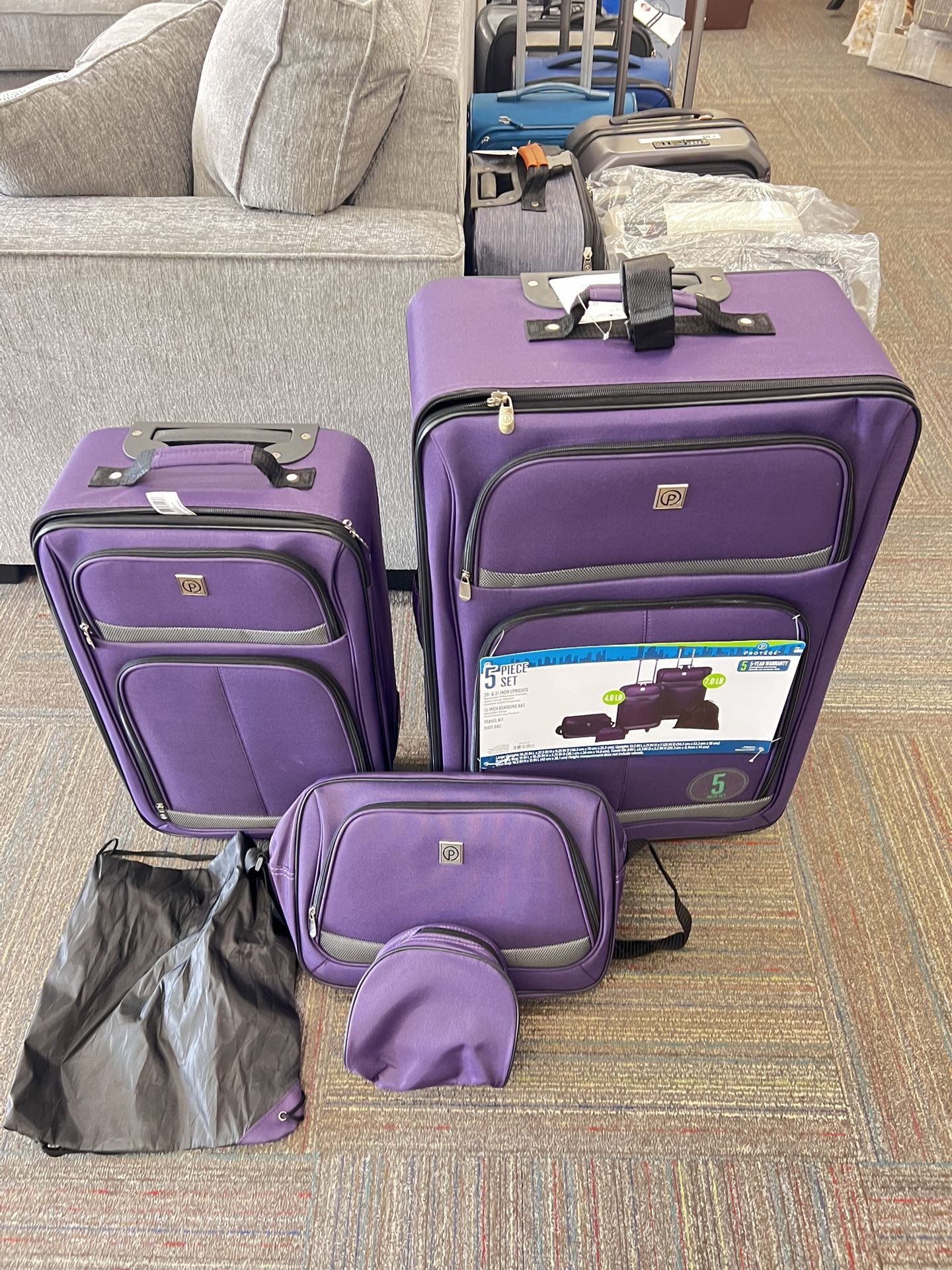 5 Piece Luggage Set, Includes Check, Carry-on Size, Tote, Toiletry Bag and Cinch Bag, Purple, New