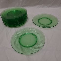 10 Piece Set Antique Green Glass Plates