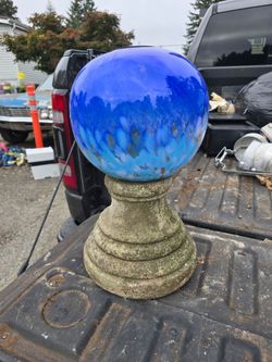 Large Blue Glass Gazing Ball on Concrete Stand