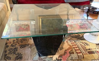 Square Glass Top Coffee Table on Black Marble Pedestal Base