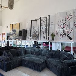 Big Grey Color Corduroy Sectional With Pullout Bed Wireless Charger Cup Holder 