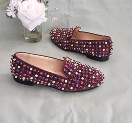 Women's Christian Louboutin Maroon Suede Multicolor Studs Loafers Flats Size 5 US (fits Size 5.5)