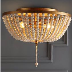 JONATHAN Y Allison 15" Wood Beaded/Metal Shabby Chic Farmhouse 15-in Antique Gold Indoor 1 -Light Flush Mount Light with Wood Shade