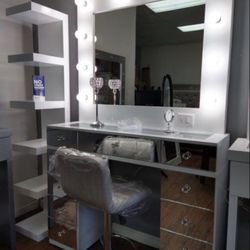 Hollywood Vanity all Mirrored Makeup White Desk Drawers, with LED Lights Fashion Furniture ✨