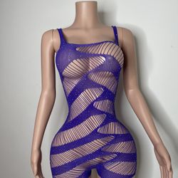 Exotic Dancer- Stripper Wear-Rave Wear-Lingerie Sexy Purple Rhinestones One Piece