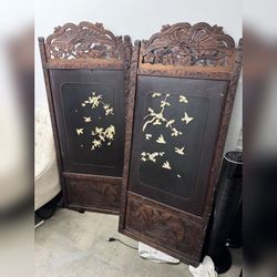 Antique Japanese Carved Wood 2-Panel Screen, Bird Inlay