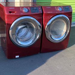 Samsung Front Load Washer And Stackable Gas Dryer Set In RED
