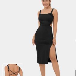Black Strappy Ruched Midi Dress With Built-in Bra (Size XL, Halara)