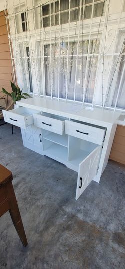 58" Farmhouse Buffet Cabinet with Storage, Coffee Bar Cabinet with Drawers and Shelves, Wood Sideboard with 2 Barn Doors  New Retail $300