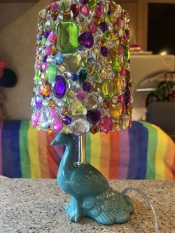 Fancy Rhinestoned Teal Peacock Table Lamp
