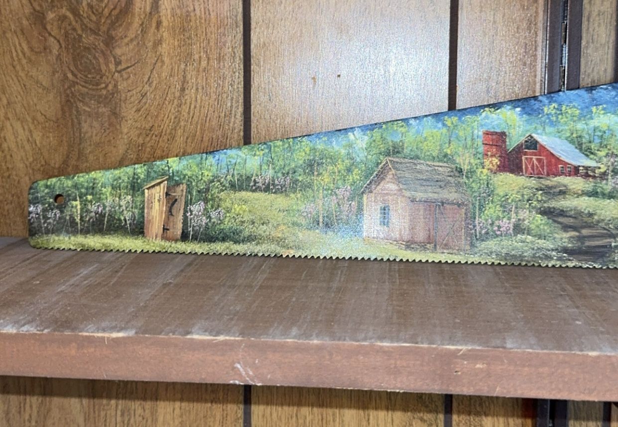 Antique Hand Painted Saw Blade Folk Art Lake River Scenes By Mark Day