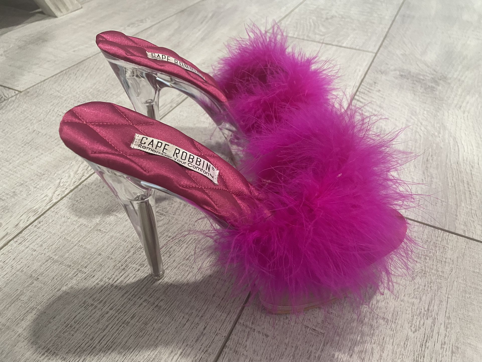 “Stripper” Pink Clear High Heel Furry Slippers
