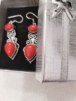 Coral Turquoise Earring 925 Stamped Sterling Silver Thumbnail