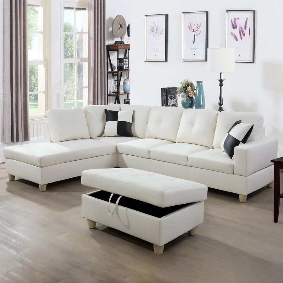 White Leather Sectional Couch Set With Ottoman