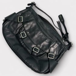 Abro Black leather shoulder bag with silver hardware and adjustable straps leather   Leather Made in Romania 16 width 10 height  4 inches  Handle to b