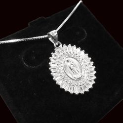 NEW STERLING SILVER CZ VIRGIN MARY PENDANT WITH CHAIN 